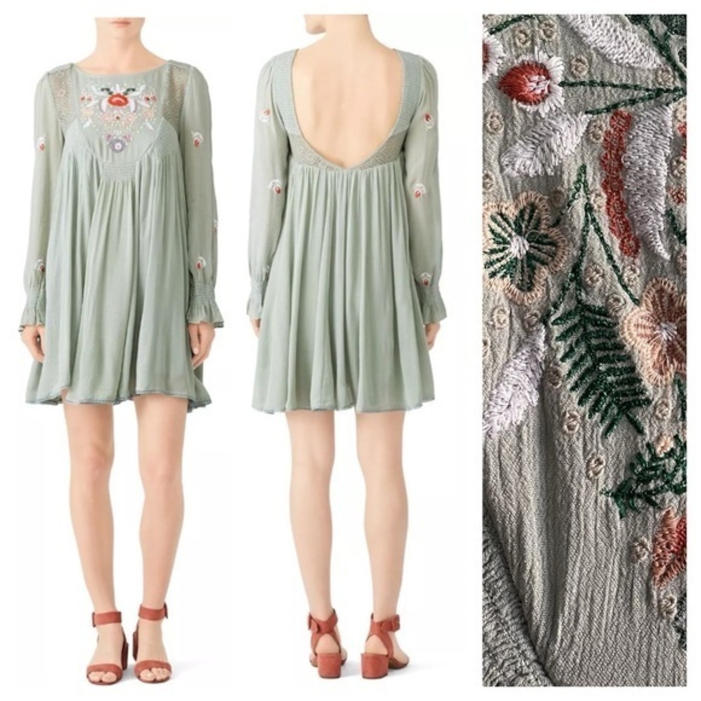 Free People Soft Mint Green Embroidered Mohave Mini Dress Small